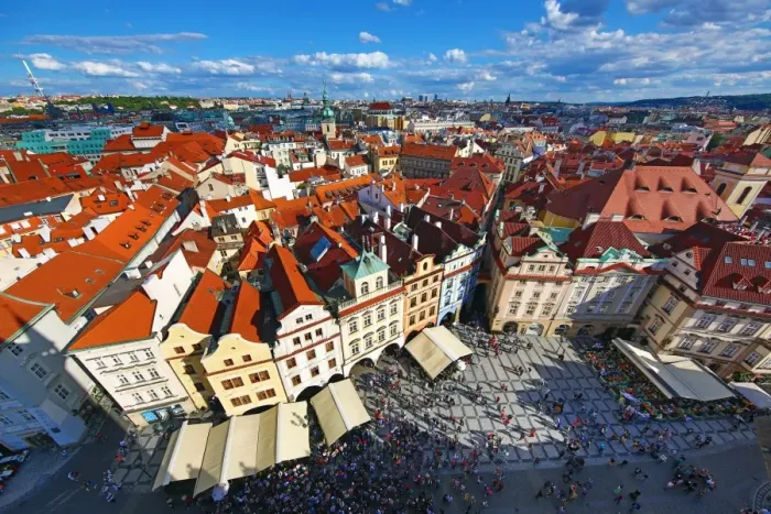  : Aerial view of city skyline and the rooftops of buildings in Old Town Square, Prague