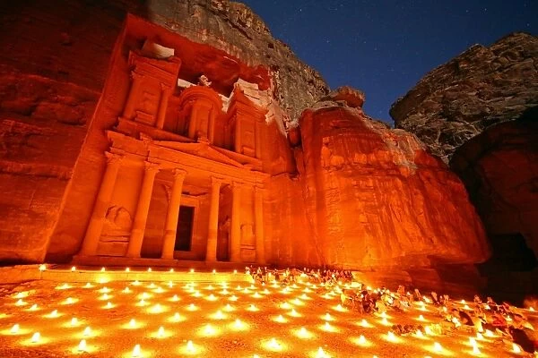 Al-Khazneh, the Treasury, by night with candles, Petra, Jordan