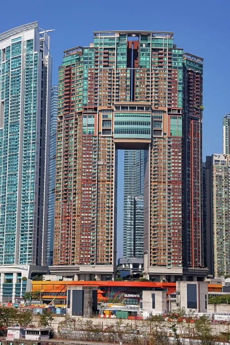  : The Arch building above Kowloon Station and Elements shopping centre in Hong Kong, China