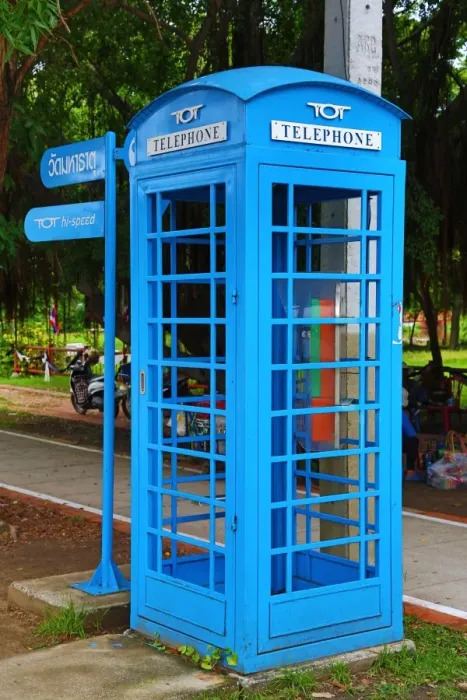  : Blue traditional London  /  British telephone box in Ayutthaya, Thailand