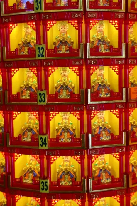  : Boxes of religious figures at the Thean Hou Chinese Temple, Kuala Lumpur, Malaysia