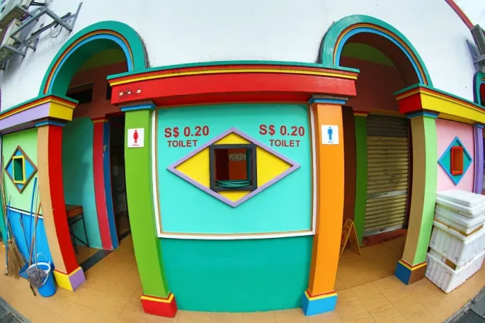  : Brightly coloured toilet with colourful decoration in Little India in Singapore, Republic of Singapore