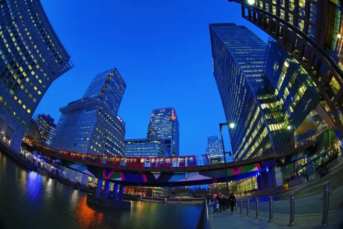  : Buildings around Canary Wharf at sunset, Isle of Dogs, London