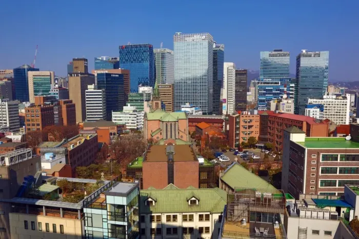  : Buildings of the Myeongdong skyline and Myeongdong Cathedral, Seoul, Korea