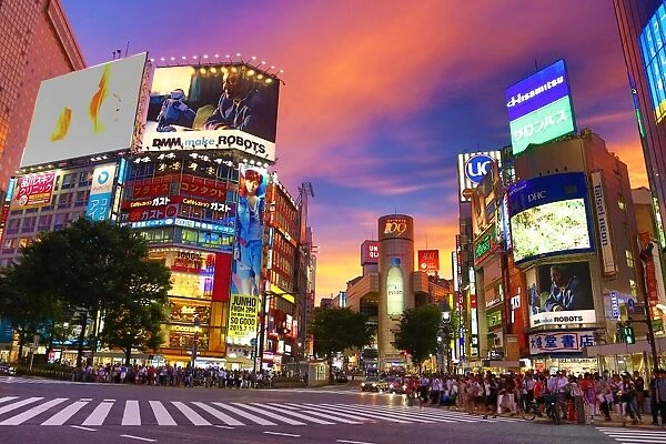 Buildings at sunset at the pedestrian crossing at the intersection in Shibuya, Tokyo