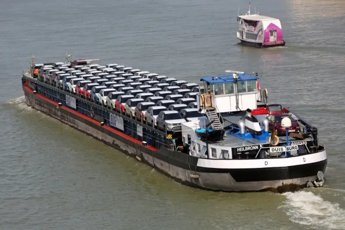  : Cargo ship transporting motor cars on the River Danube, Budapest, Hungary