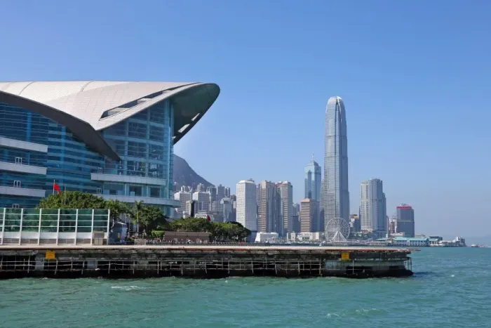  : The city skyline of the Central area of Hong Kong and the Convention Centre in Hong Kong