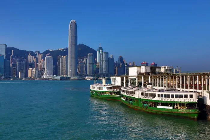 : The city skyline of the Central area of Hong Kong and the Star Ferry in Hong Kong, China : The city skyline of the Central area of Hong Kong and the Star Ferry in Hong Kong, China