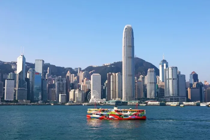  : The city skyline of Central across Victoria Harbour in Hong Kong, China