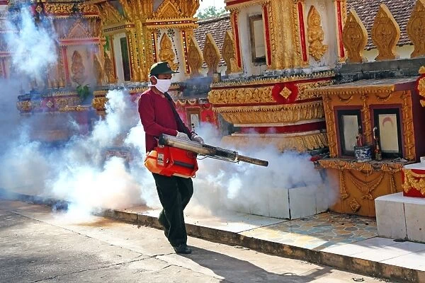 Cleansing the temple of insects with smoke near Wat That Luang Temple, Vientiane, Laos