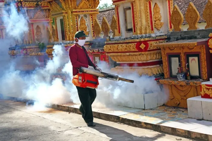  : Cleansing the temple of insects with smoke near Wat That Luang Temple, Vientiane, Laos