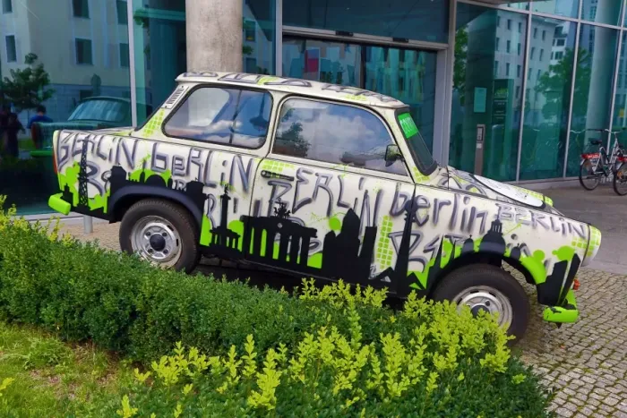  : Decorated Trabant motor car in Berlin, Germany
