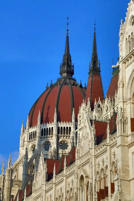  : Dome and spires of the Hungarian Parliament Building, the Orszaghaz, in Budapest, Hungary