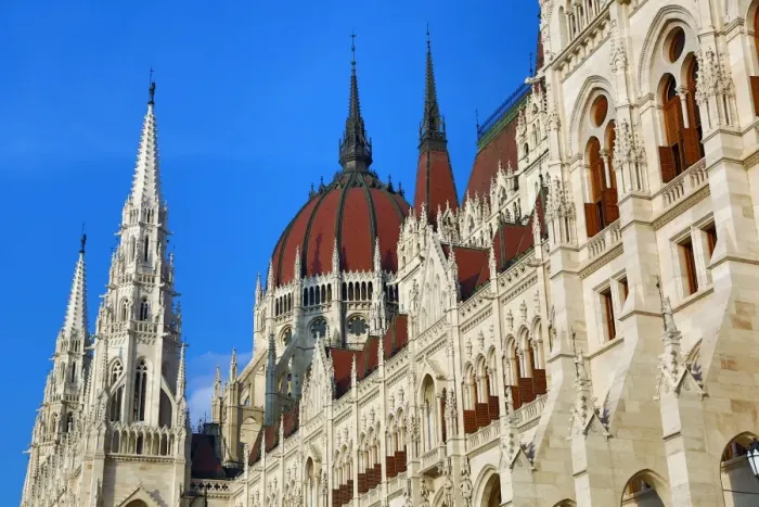  : Dome and spires of the Hungarian Parliament Building, the Orszaghaz, in Budapest, Hungary
