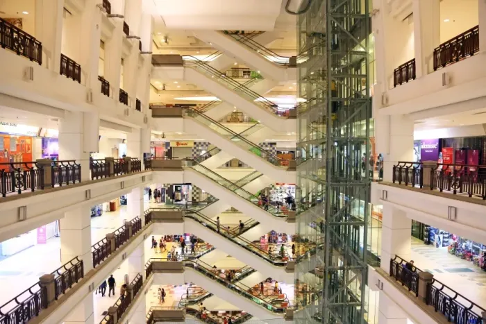  : Escalators at the Barjaya Times Square city centre shopping mall in Kuala Lumpur, Malaysia