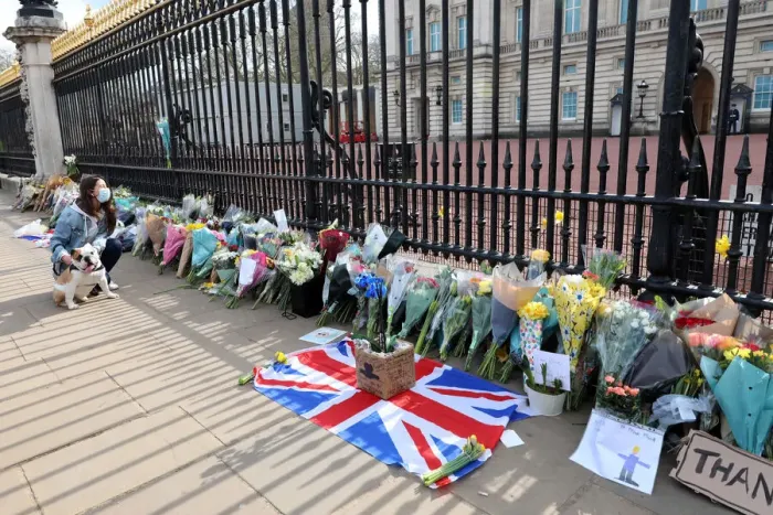  : Floral tributes laid at Buckingham Palace on the death of Prince Philip