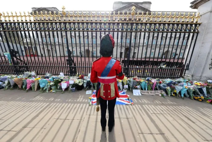  : Floral tributes laid at Buckingham Palace on the death of Prince Philip