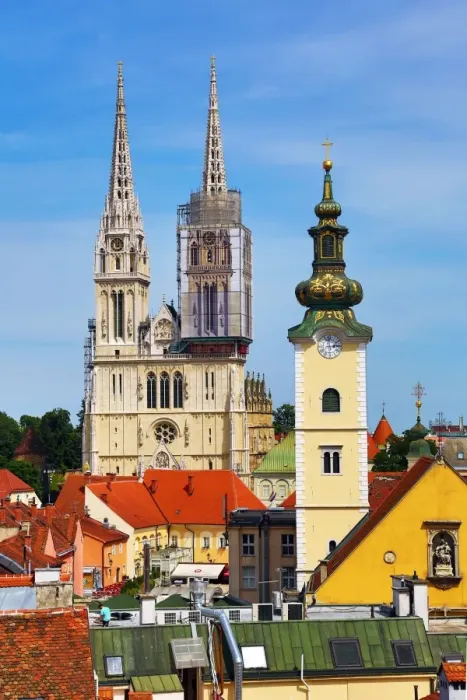  : General city skyline view of Zagreb Cathedral with tower renovation and the tower of St