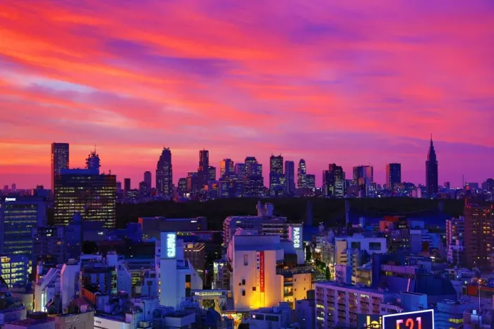  : General view of the city skyline of Shinjuku at sunset seen from Shibuya, Tokyo, Japan