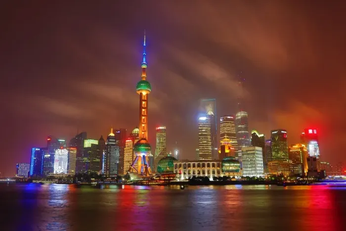  : General view of the Pudong city skyline in Shanghai at night with the Oriental Pearl TV Tower, Shanghai, China