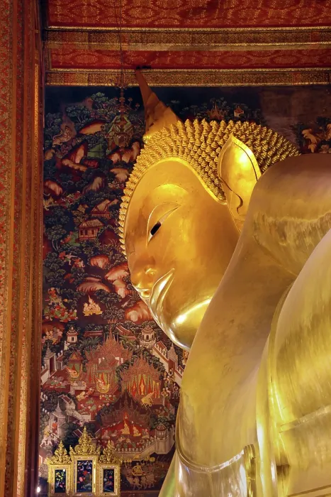  : Giant gold reclining Buddha statue at Wat Pho Temple in Bangkok, Thailand