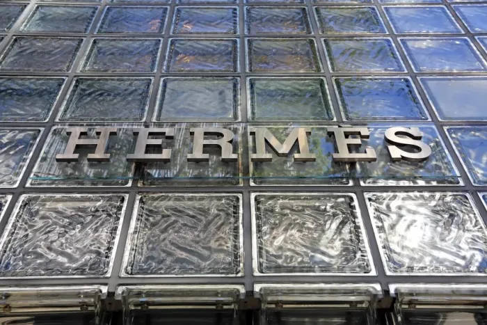  : Glass front and logo on the Japanese Hermes shop building in Ginza, Tokyo, Japan