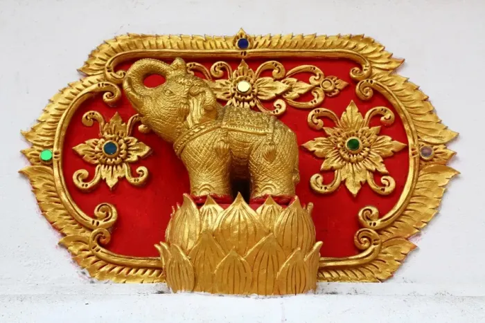  : Gold elephant decoration at Wat Sum Pow Temple in Chiang Mai, Thailand