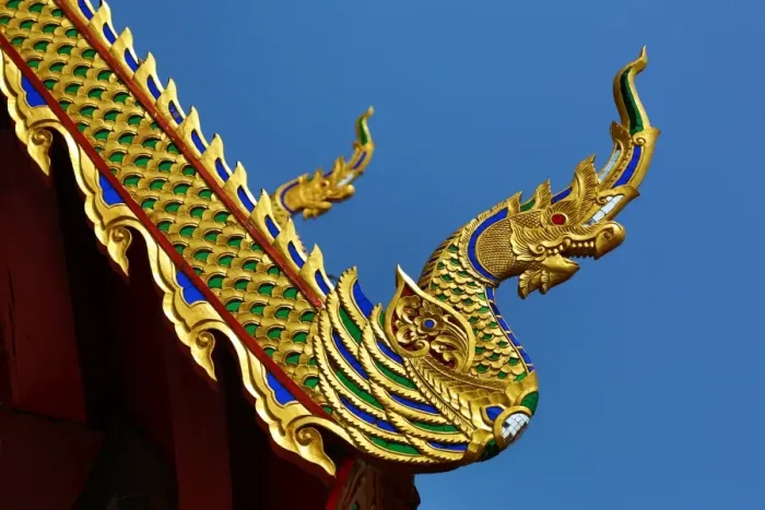  : Gold roof decorations at Wat Sum Pow Temple in Chiang Mai, Thailand