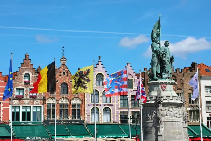  : Guild houses converted into restaurants in the Market Square or Markt, Bruges, Belgium