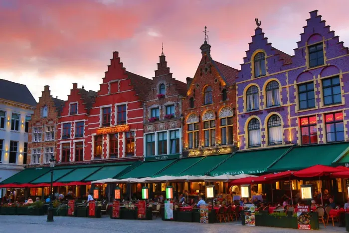  : Guild houses converted into restaurants in the Market Square or Markt, Bruges, Belgium