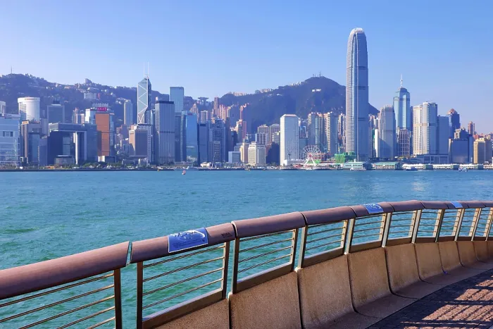  : Handprints walk on the Avenue of the Stars with the Hong Kong skyline, Tsim Sha Tsui Promenade, Kowloon, Hong Kong, China