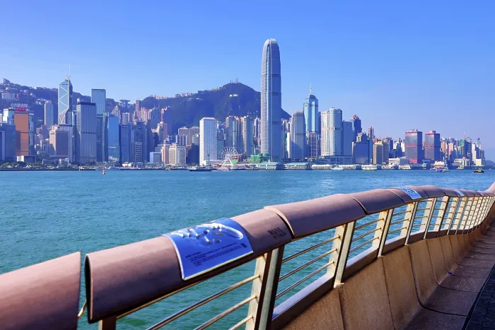  : Handprints walk on the Avenue of the Stars with the Hong Kong skyline, Tsim Sha Tsui Promenade, Kowloon, Hong Kong, China