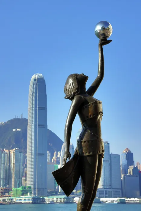 : The Hong Kong Film Awards Statue, of a Goddess holding a Pearl, in front of Victoria Harbour, Hong Kong, China