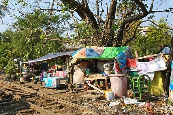 Houses beside the railway tracks, Yangon, Myanmar