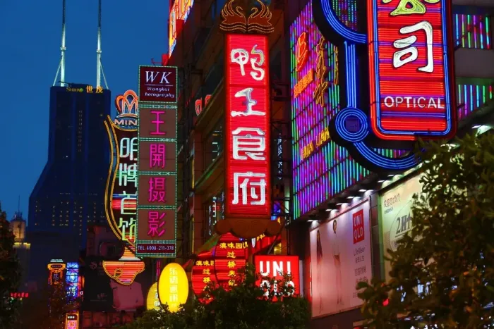  : Illuminated Chinese shop signs at night along East Nanjing Road, Shanghai, China