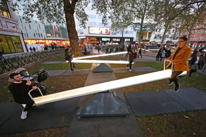 : Impulse, a sea of singing seesaws installation, Leicester Square, London