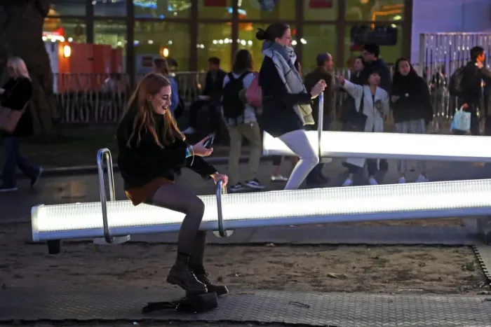  : Impulse, a sea of singing seesaws installation, Leicester Square, London