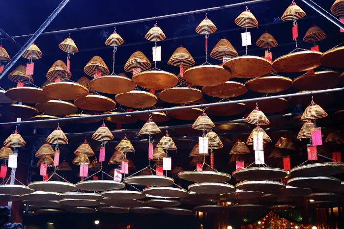  : Incense spirals burning in Tin Hau Temple in Yau Ma Tei, Hong Kong, China