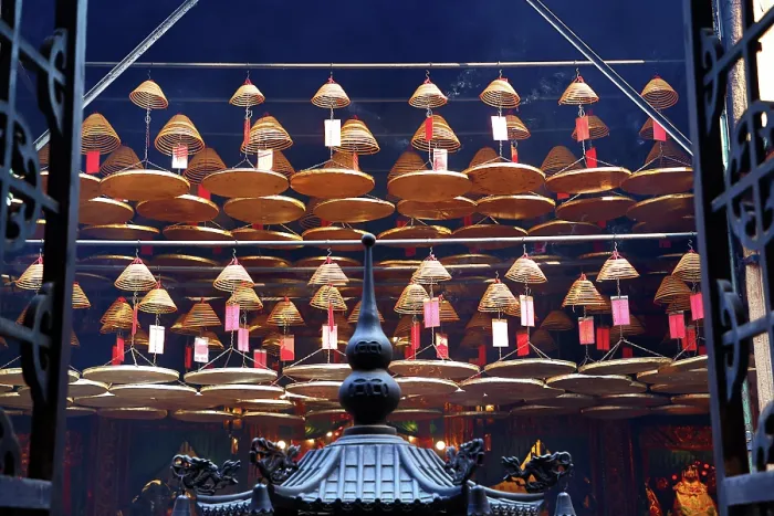  : Incense spirals burning in Tin Hau Temple in Yau Ma Tei, Hong Kong, China