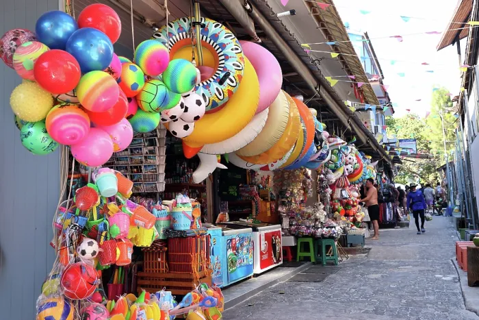 : Inflatable rings, balls and beach toys at a shop on Koh Samet island, Thailand