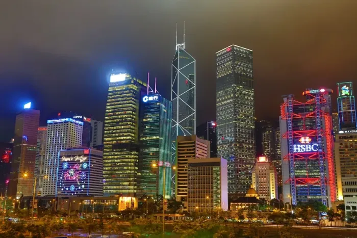  : Lights of the city skyline of the Central area of Hong Kong at night in Hong Kong, China
