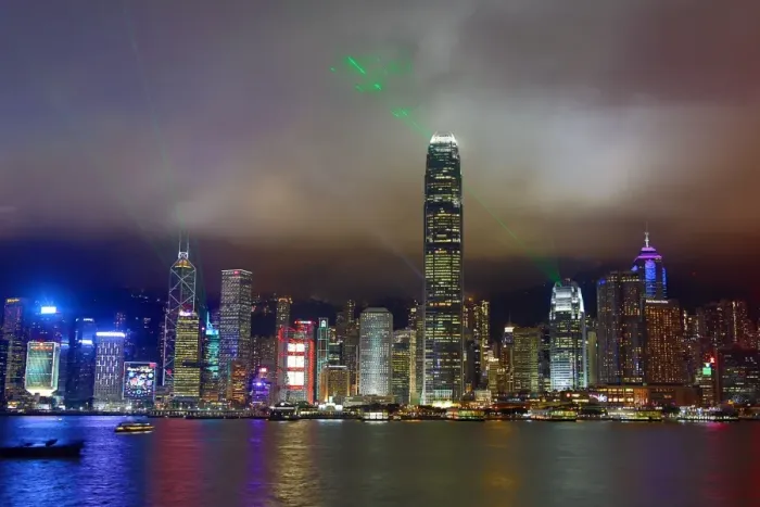  : Lights of the city skyline of Central across Victoria Harbour and Symphony of Lights
