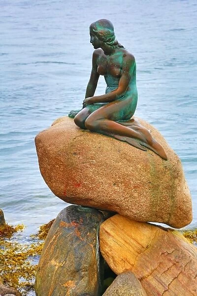 The Little Mermaid statue sitting on rocks, Copenhagen, Denmark