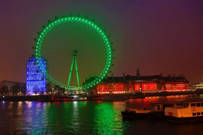  : The London Eye goes green to celebrate St. Patricks Day in London, England