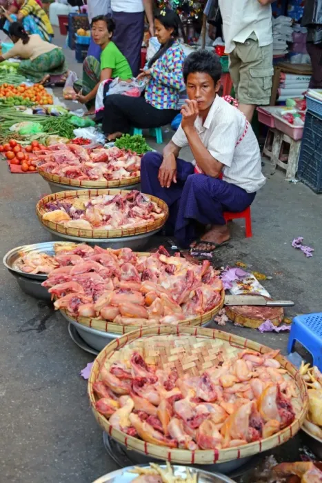  : Man selling chicken in a street market, Yangon, Myanmar