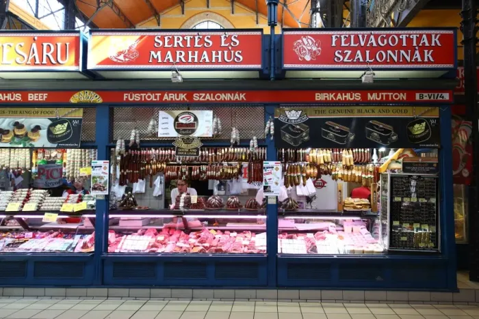  : Meat stall in the Central Market Hall in Budapest, Hungary