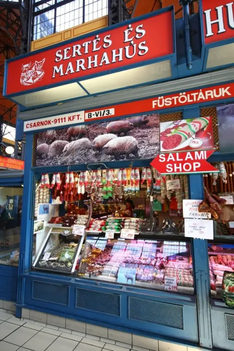  : Meat stall in the Central Market Hall in Budapest, Hungary