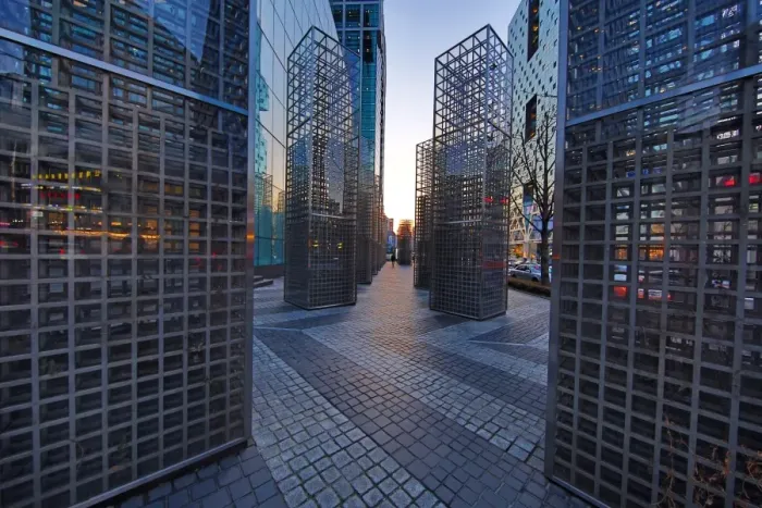  : Metal structures beside the office blocks at dusk in the Gangnam district, Seoul, Korea