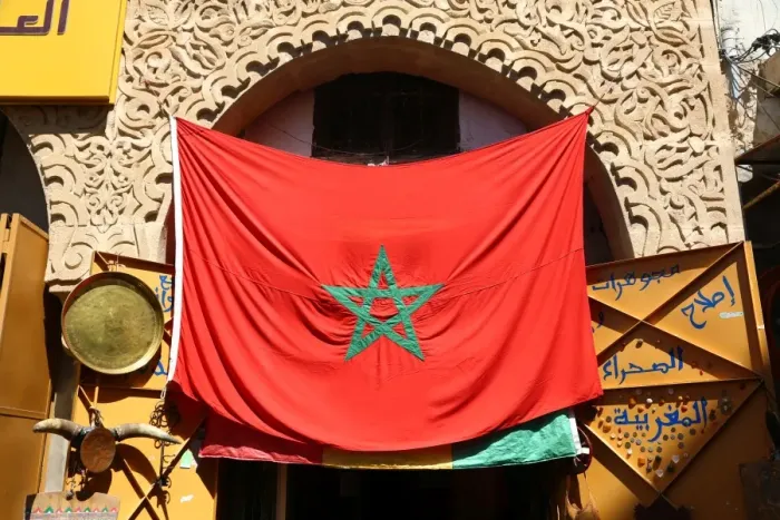  : Moroccan flag in the streets of the Medina of Rabat, Morocco