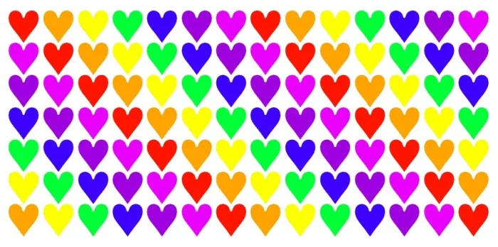  : Multi-coloured love heart mug covered in diagonal lines of rainbow hearts